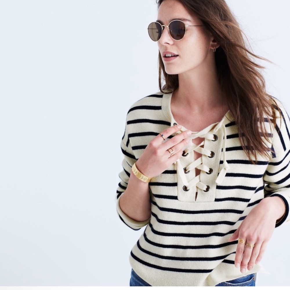 Madewell wool sweater lace up tie cream black logo sleeve